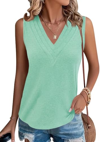 Cicy Bell Damen V-Ausschnitt Ärmellos Tank Tops Oberteile Sommer Casual Blusen Elegant T Shirt Lässig Locker Fit Tops Minze XL von Cicy Bell