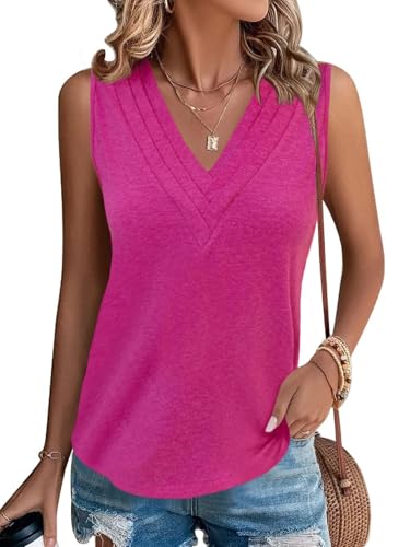 Cicy Bell Damen V-Ausschnitt Ärmellos Tank Tops Oberteile Sommer Casual Blusen Elegant T Shirt Lässig Locker Fit Tops Rosarot M von Cicy Bell