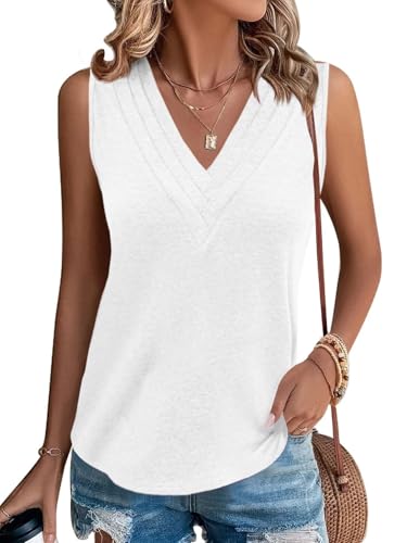 Cicy Bell Damen V-Ausschnitt Ärmellos Tank Tops Oberteile Sommer Casual Blusen Elegant T Shirt Lässig Locker Fit Tops Weiß XXL von Cicy Bell