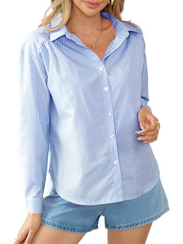 Cicy Bell Damen V-Ausschnitt Bluse Elegant Lässig Langarm Button Down Karierte Blusen Casual Business Top Hemdbluse Lockere Shirts Tunika Oberteil Blau M von Cicy Bell