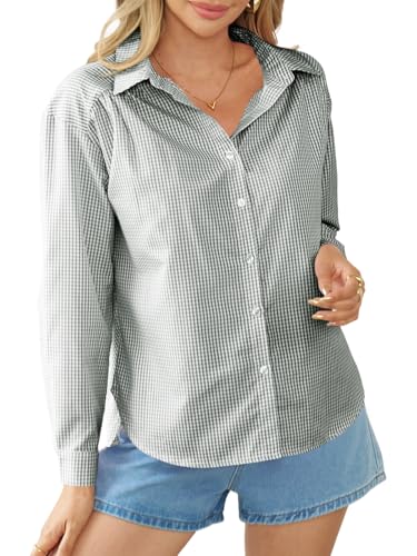 Cicy Bell Damen V-Ausschnitt Bluse Elegant Lässig Langarm Button Down Karierte Blusen Casual Business Top Hemdbluse Lockere Shirts Tunika Oberteil Dunkelgrün M von Cicy Bell
