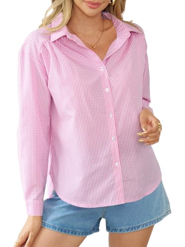 Cicy Bell Damen V-Ausschnitt Bluse Elegant Lässig Langarm Button Down Karierte Blusen Casual Business Top Hemdbluse Lockere Shirts Tunika Oberteil Rosa L von Cicy Bell