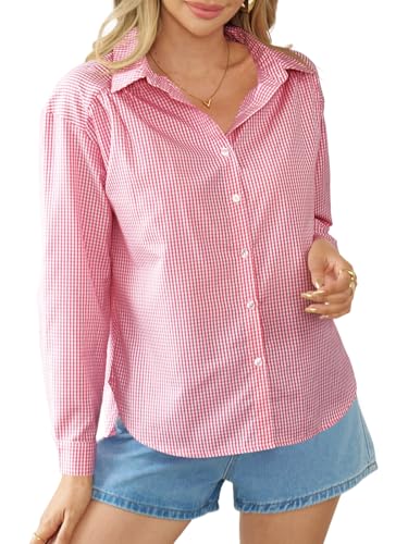 Cicy Bell Damen V-Ausschnitt Bluse Elegant Lässig Langarm Button Down Karierte Blusen Casual Business Top Hemdbluse Lockere Shirts Tunika Oberteil Rot M von Cicy Bell