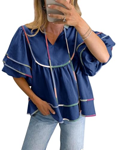 Cicy Bell Damen V Ausschnitt Kurzarm Bluse Laterne Flowy Ärmel Sommer Babydoll Tops Lose T Shirt Lässig Locker Oberteile(Dunkelblau,S) von Cicy Bell