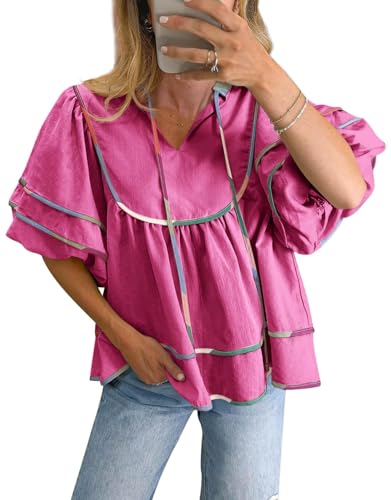 Cicy Bell Damen V Ausschnitt Kurzarm Bluse Laterne Flowy Ärmel Sommer Babydoll Tops Lose T Shirt Lässig Locker Oberteile(Rosa,S) von Cicy Bell
