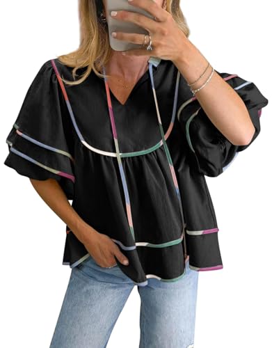 Cicy Bell Damen V Ausschnitt Kurzarm Bluse Laterne Flowy Ärmel Sommer Babydoll Tops Lose T Shirt Lässig Locker Oberteile(Schwarz,XL) von Cicy Bell