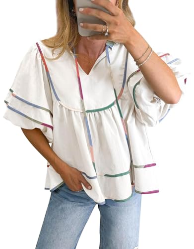 Cicy Bell Damen V Ausschnitt Kurzarm Bluse Laterne Flowy Ärmel Sommer Babydoll Tops Lose T Shirt Lässig Locker Oberteile(Weiß,XXL) von Cicy Bell