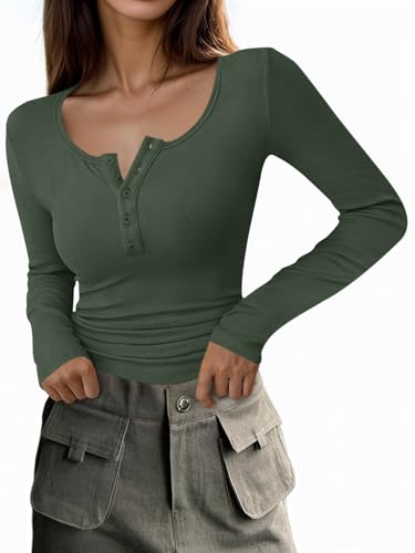 Cicy Bell Damen V Ausschnitt Langarm Oberteile T-Shirts Knopf Gerippte Strick Langarmshirt Slim Fit Basic Henley Tunika Shirts Herbst Winter Oberteile,Armeegrün,XL von Cicy Bell
