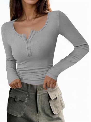 Cicy Bell Damen V Ausschnitt Langarm Oberteile T-Shirts Knopf Gerippte Strick Langarmshirt Slim Fit Basic Henley Tunika Shirts Herbst Winter Oberteile,Grau,XXL von Cicy Bell