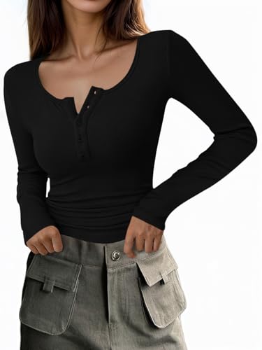 Cicy Bell Damen V Ausschnitt Langarm Oberteile T-Shirts Knopf Gerippte Strick Langarmshirt Slim Fit Basic Henley Tunika Shirts Herbst Winter Oberteile,Schwarz,XXL von Cicy Bell