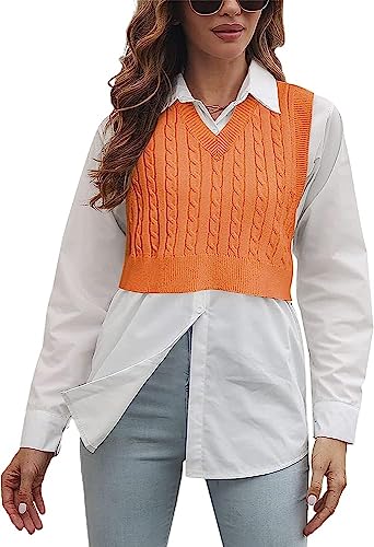 Cicy Bell Damen V-Ausschnitt Strick Pullover Weste Solide Plaid Ärmellose Crop Strickweste Orange XL von Cicy Bell