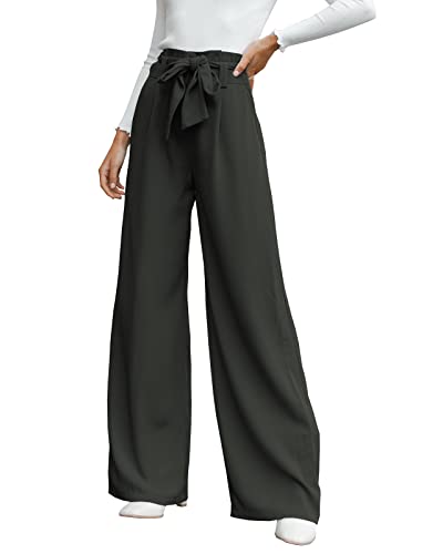 Cicy Bell Damen Weite Bein, Stoffhose Damen Hohe Taille Palazzo Hose, Leicht, Lockere Freizeithosen, Hose Krawatte Knoten Taschen-Elegant Casual Weite Hose,Hosen-Dunkelgrau, L von Cicy Bell