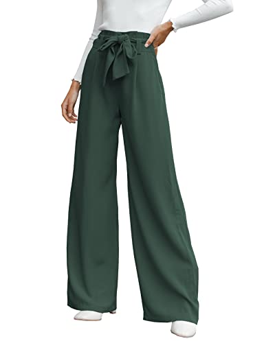 Cicy Bell Damen Weite Bein, Stoffhose Damen Hohe Taille Palazzo Hose, Leicht, Lockere Freizeithosen, Hose Krawatte Knoten Taschen-Elegant Casual Weite Hose,Hosen-Dunkelgrün, XXL von Cicy Bell