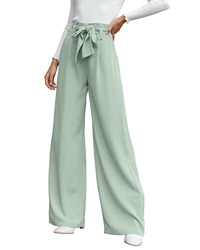 Cicy Bell Damen Weite Bein, Stoffhose Damen Hohe Taille Palazzo Hose, Leicht, Lockere Freizeithosen, Hose Krawatte Knoten Taschen-Elegant Casual Weite Hose,Hosen-Hellgrün, XXL von Cicy Bell