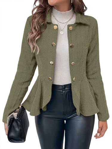 Cicy Bell Eleganter Damen-Blazer, Business, Arbeit, Büro, Schößchensaum, offene Vorderseite, Fischgräten-Mäntel, Grün (Army Green), XL von Cicy Bell