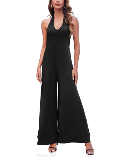 Cicy Bell Eleganter lässiger Jumpsuit für Damen, Neckholder, V-Ausschnitt, weites Bein, Hochzeitsgäste, rückenfrei, lange Hose, Strampler, Schwarz, Small von Cicy Bell