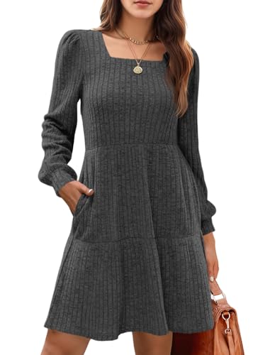 Cicy Bell Freizeitkleider für Damen Pulloverkleid Langarm A-Linie Quadratischer Ausschnitt Knielang Pullikleid Casual Babydoll Herbst Kleider,Schwarz,XXL von Cicy Bell