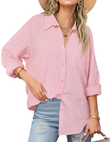 Cicy Bell Blusen Damen Oversized V-Ausschnitt Hemdbluse Langerm Locker Shirts Einfarbig Baumwolle Button Down Oberteil Casual Tops Hellrosa XL von Cicy Bell
