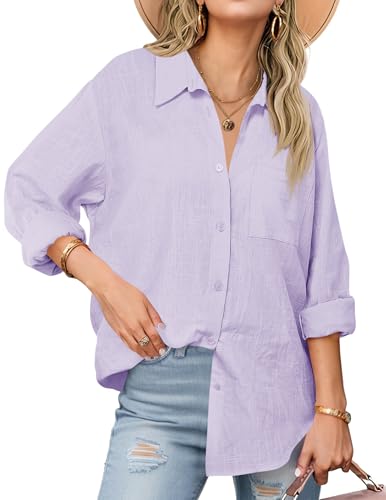 Cicy Bell Blusen Damen Oversized V-Ausschnitt Hemdbluse Langerm Locker Shirts Einfarbig Baumwolle Button Down Oberteil Casual Tops Hellviolett M von Cicy Bell