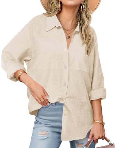 Cicy Bell Blusen Damen Oversized V-Ausschnitt Hemdbluse Langerm Locker Shirts Einfarbig Baumwolle Button Down Oberteil Casual Tops Khaki XL von Cicy Bell