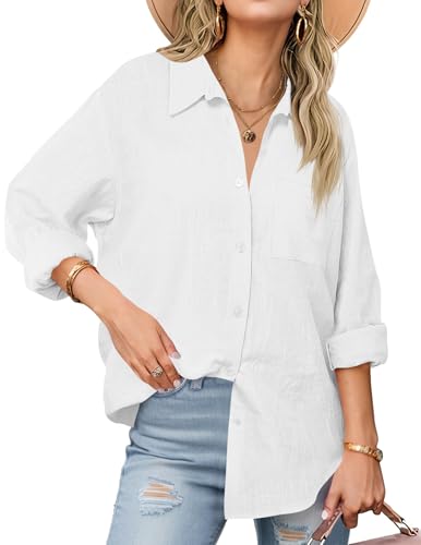 Cicy Bell Blusen Damen Oversized V-Ausschnitt Hemdbluse Langerm Locker Shirts Einfarbig Baumwolle Button Down Oberteil Casual Tops Weiß XXL von Cicy Bell
