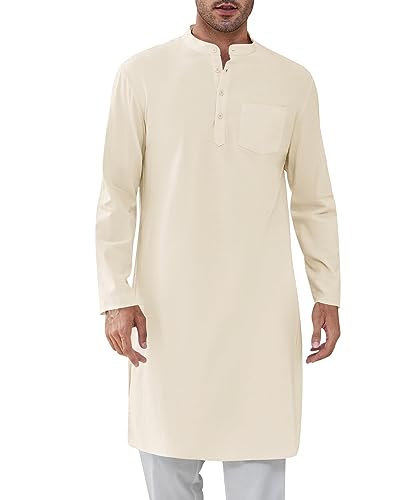 Cicy Bell Herren Kaftan Robe Langarm Thobe Button Down Henley Casual Side Split Kleid Shirt Beige M von Cicy Bell