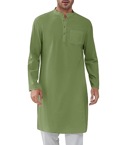 Cicy Bell Herren Kaftan Robe Langarm Thobe Button Down Henley Casual Side Split Kleid Shirt Military Green XL von Cicy Bell