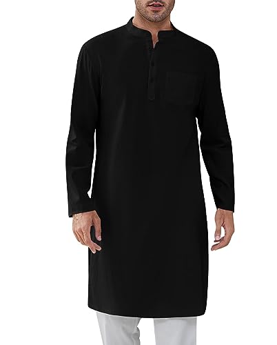 Cicy Bell Herren Kaftan Robe Langarm Thobe Button Down Henley Casual Side Split Kleid Shirt Schwarz L von Cicy Bell