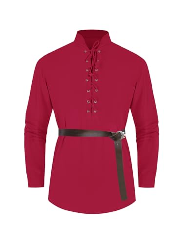 Cicy Bell Herren Leinenhemd Langarm Henley Schnürhemd Mittelalter Freizeithemd V Ausschnitt Oberteile Rot XL von Cicy Bell