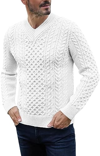 Cicy Bell Herren V Ausschnitt Pullover Langarm Male Basic Strickpullover Klassischer Feinstrick Sweater für Männer Weiß XXL von Cicy Bell