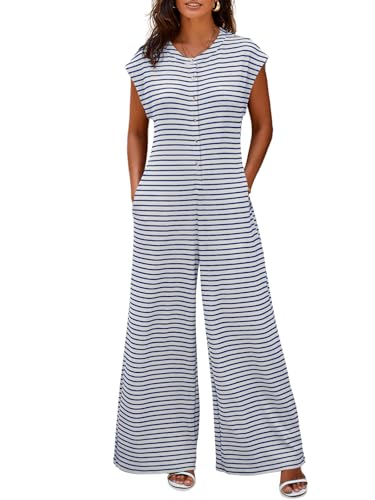 Cicy Bell Jumpsuit Damen Sommer Gestreift Kurzarm Overall Weites Bein Elegant Romper mit Knöpfen und Taschen Bequem für Strand und Alltag von Cicy Bell