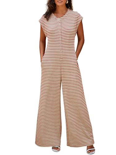 Cicy Bell Jumpsuit Damen Sommer Gestreift Kurzarm Overall Weites Bein Elegant Romper mit Knöpfen und Taschen Bequem für Strand und Alltag von Cicy Bell