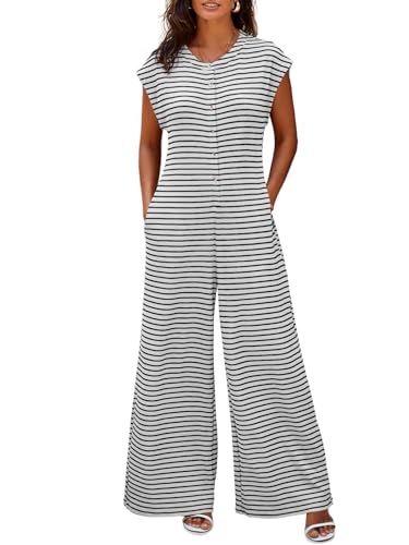 Cicy Bell Jumpsuit Damen Sommer Gestreift Kurzarm Overall Weites Bein Elegant Romper mit Knöpfen und Taschen Bequem für Strand und Alltag von Cicy Bell