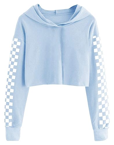 Cicy Bell Kapuzenpullover Für Mädchen Kinder Crop Tops Niedlich Plaid Langarm Mode Hoodie Sweatshirts Baby Blau 160 von Cicy Bell