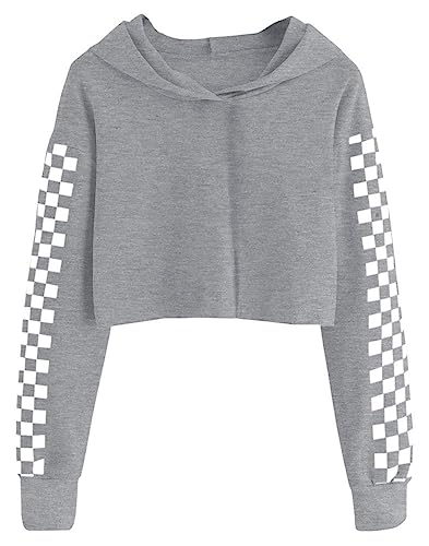 Cicy Bell Kapuzenpullover Für Mädchen Kinder Crop Tops Niedlich Plaid Langarm Mode Hoodie Sweatshirts Grau 130 von Cicy Bell