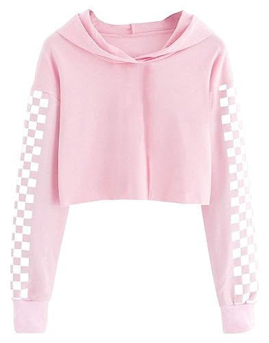 Cicy Bell Kapuzenpullover Für Mädchen Kinder Crop Tops Niedlich Plaid Langarm Mode Hoodie Sweatshirts Rosa 130 von Cicy Bell