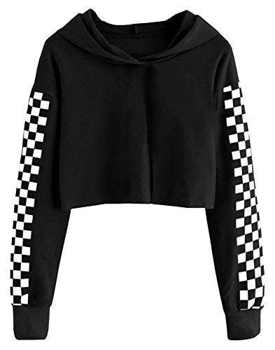 Cicy Bell Kapuzenpullover Für Mädchen Kinder Crop Tops Niedlich Plaid Langarm Mode Hoodie Sweatshirts Schwarz 140 von Cicy Bell