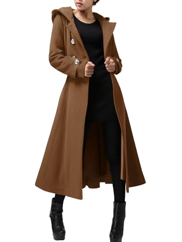 Cicy Bell Langer, zweireihiger Damenmantel mit Kapuze, Winter, warm, Wolle, Trenchcoat mit Gürtel, Braun, M von Cicy Bell