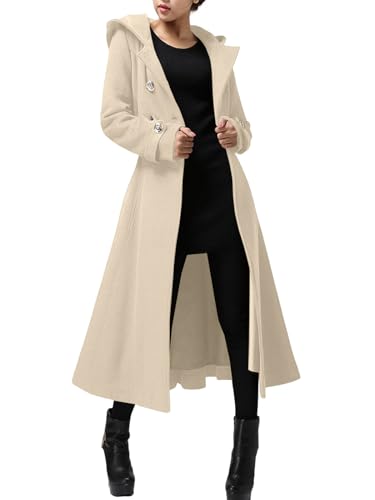 Cicy Bell Langer, zweireihiger Damenmantel mit Kapuze, Winter, warm, Wolle, Trenchcoat mit Gürtel, aprikose, X-Large von Cicy Bell