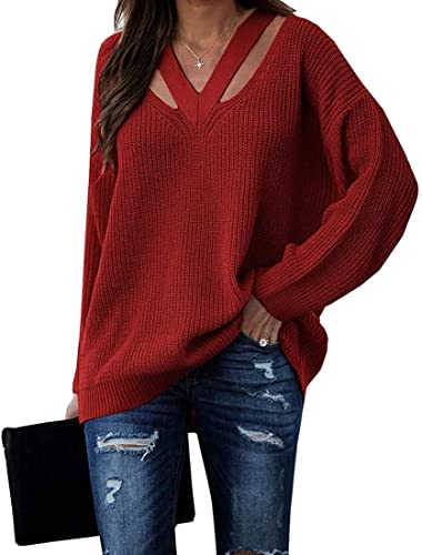 Cicy Bell Pullover für Damen V-Ausschnitt Hollow Out Oberteile Langarm Lässige Stricktops Bordeauxrot L von Cicy Bell