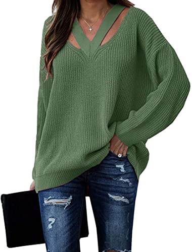 Cicy Bell Pullover für Damen V-Ausschnitt Hollow Out Oberteile Langarm Lässige Stricktops Grün M von Cicy Bell