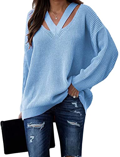 Cicy Bell Pullover für Damen V-Ausschnitt Hollow Out Oberteile Langarm Lässige Stricktops Himmelblau L von Cicy Bell