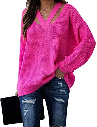 Cicy Bell Pullover für Damen V-Ausschnitt Hollow Out Oberteile Langarm Lässige Stricktops Rosenrot L von Cicy Bell