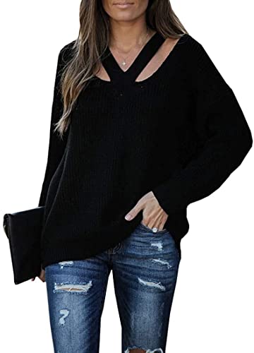 Cicy Bell Pullover für Damen V-Ausschnitt Hollow Out Oberteile Langarm Lässige Stricktops Schwarz M von Cicy Bell