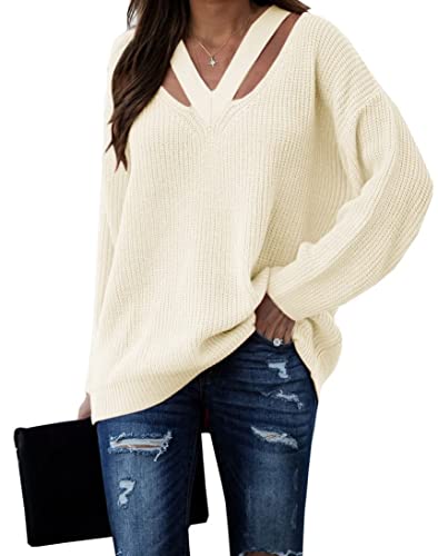 Cicy Bell Pullover für Damen V-Ausschnitt Hollow Out Oberteile Langarm Lässige Stricktops Weiß L von Cicy Bell