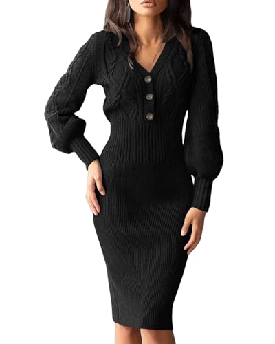 Cicy Bell Pulloverkleid Damen Winter, Langarm, V-Ausschnitt, Elegant Kleid Herbstkleid Mit Knopf Winterkleid Knielang- Sexy Strickkleider Moderne Partykleid Damen Warm Lang Midikleid Schwarz,M von Cicy Bell