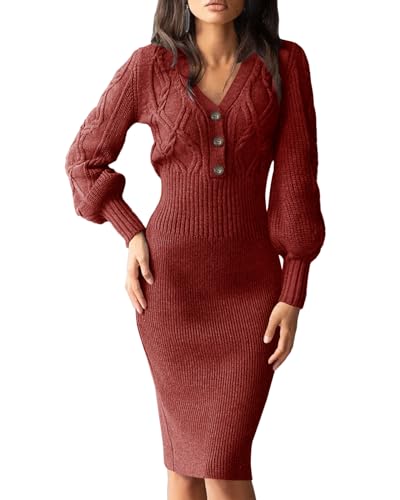 Cicy Bell Pulloverkleid Damen Winter, Langarm, V-Ausschnitt, Elegant Kleid Herbstkleid Mit Knopf Winterkleid Knielang- Sexy Strickkleider Moderne Partykleid Damen Warm Lang Midikleid Weinrot,M von Cicy Bell