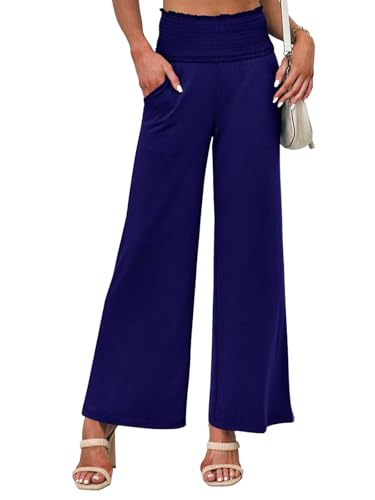 Cicy Bell Stoffhose Damen Sommer Elegant Palazzo Hose High Waist Flowy Weites Musselin Lockere Sommerhose Mit Tasche(Dunkelblau,L) von Cicy Bell