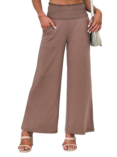 Cicy Bell Stoffhose Damen Sommer Elegant Palazzo Hose High Waist Flowy Weites Musselin Lockere Sommerhose Mit Tasche(Kaffee,XXL) von Cicy Bell