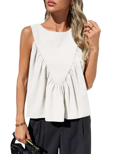 Cicy Bell Süßes Babydoll-Tanktop für Damen, bauchfrei, Sommer, Schößchen, schwingend, plissiert, ärmellos, lässig, lockere Passform, Weiss/opulenter Garten, Mittel von Cicy Bell